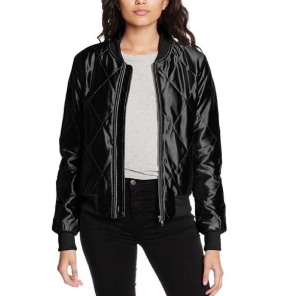 Minkpink Women's Braveheart Quilted Bomber Jacket Black Satin Size Small